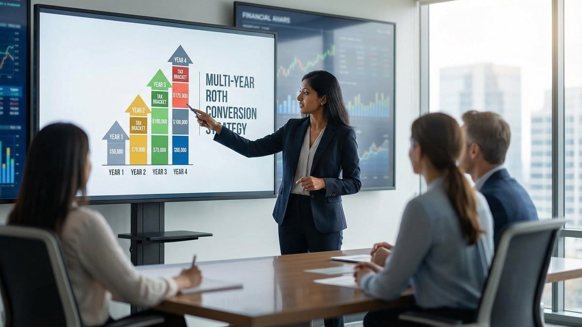 Financial advisor presenting a multi-year Roth conversion ladder strategy to clients