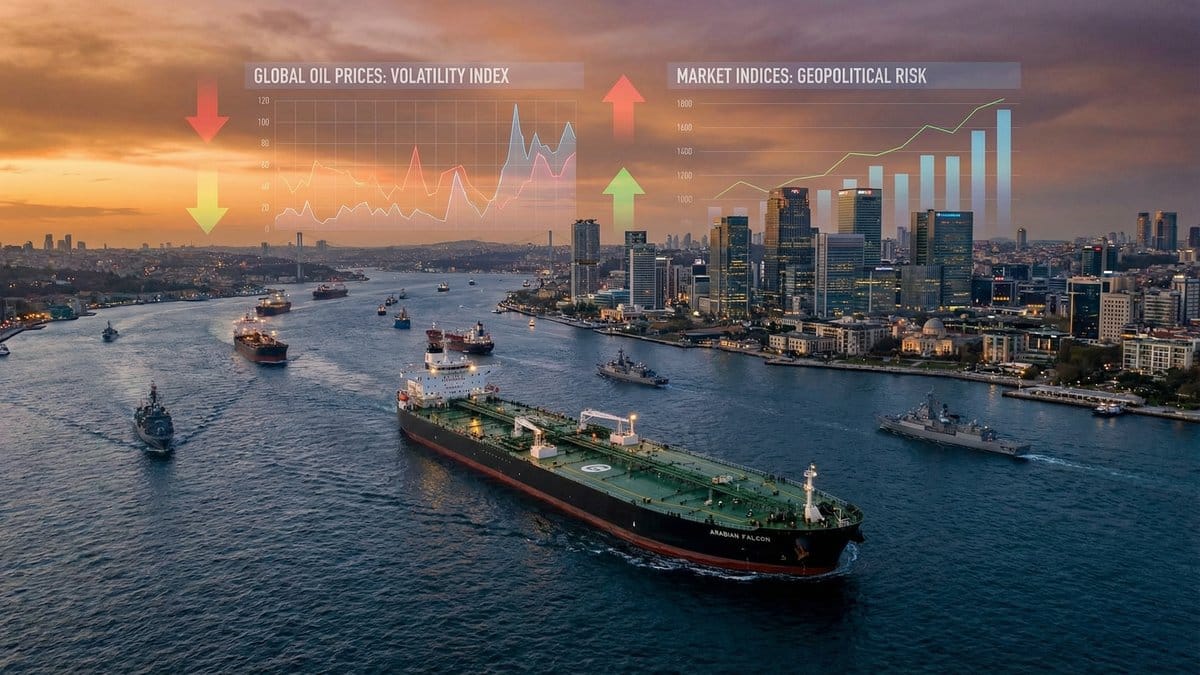Oil tanker in strategic shipping strait with global market data overlay showing oil price volatility and geopolitical risk impact on financial markets April 2026