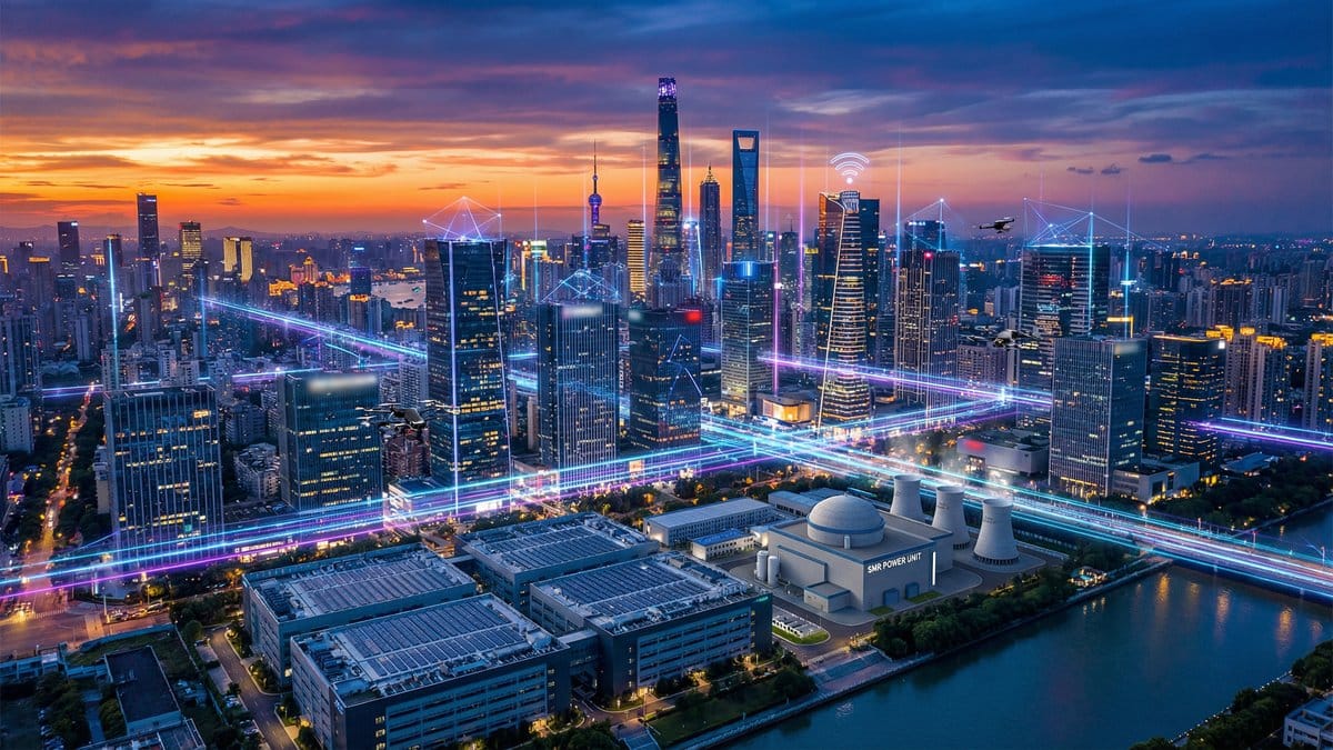 AI-powered smart city with data centers and small modular nuclear reactor at dusk