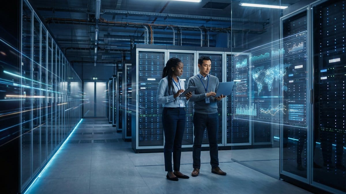 Diverse engineers reviewing AI analytics in a modern data center