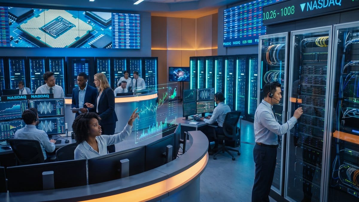 Technology sector trading floor with AI data visualization and diverse analysts monitoring markets