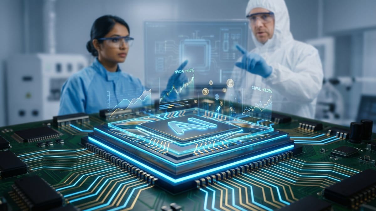 AI semiconductor chip with holographic financial data streams and diverse engineers in a clean room environment
