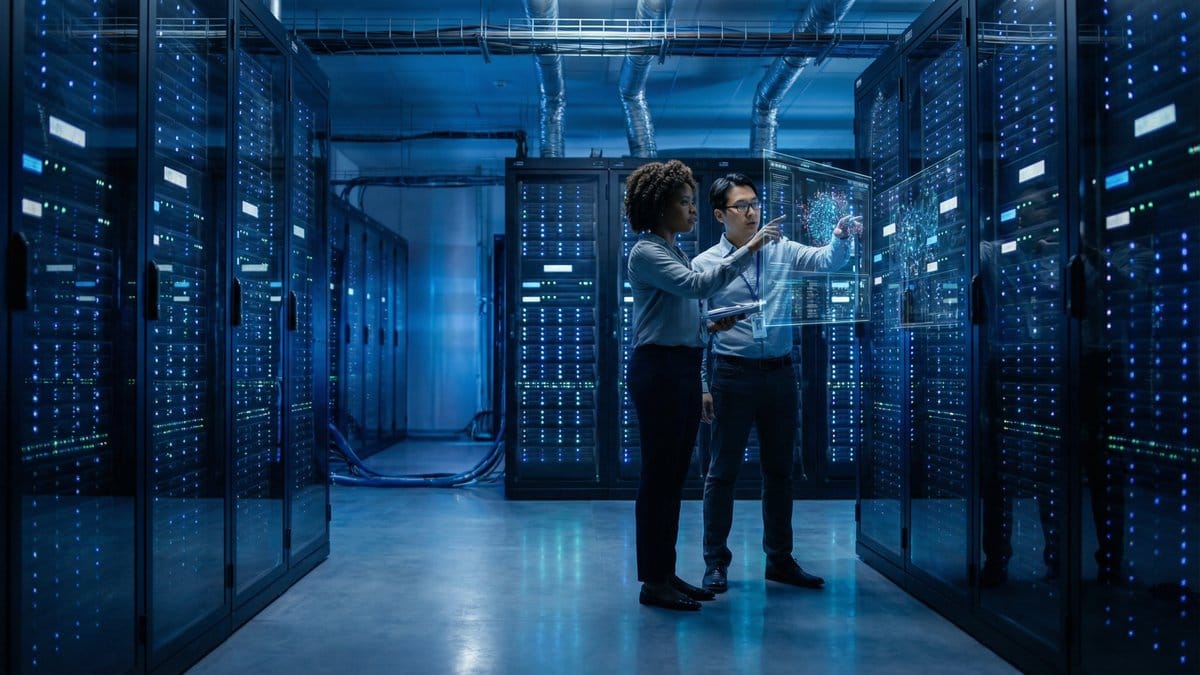 AI data center with diverse engineers reviewing holographic displays