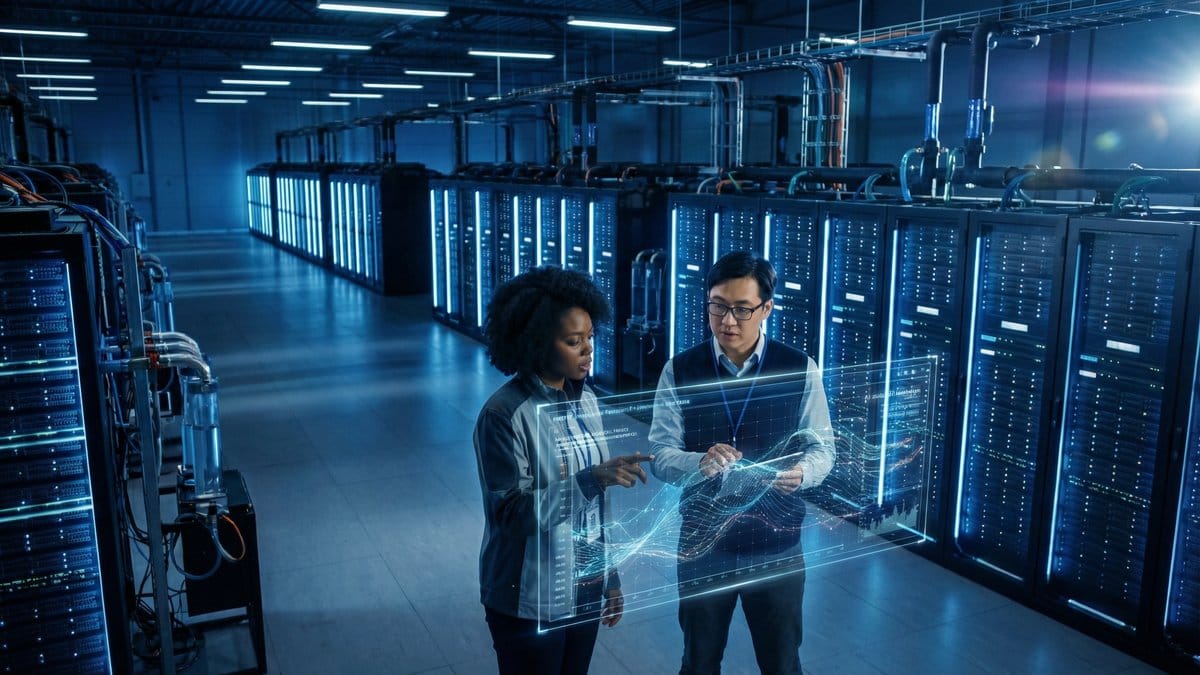 Diverse engineers analyzing AI data center infrastructure with holographic displays