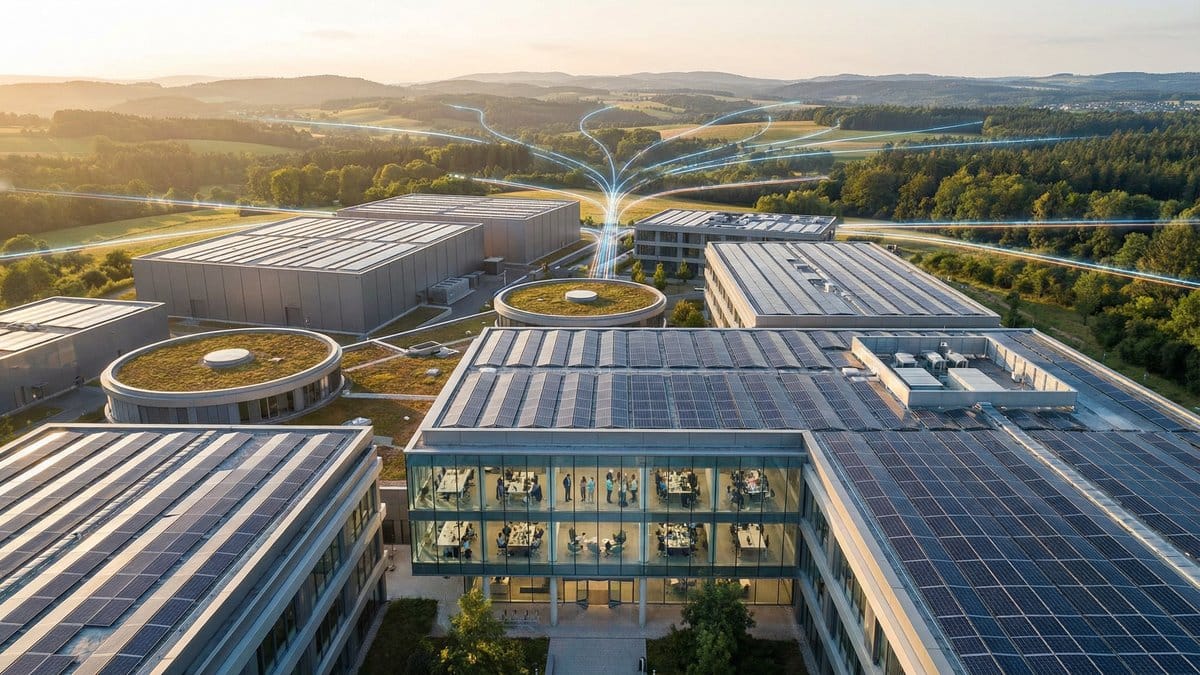 Aerial view of modern tech campus with solar panels and global connectivity network