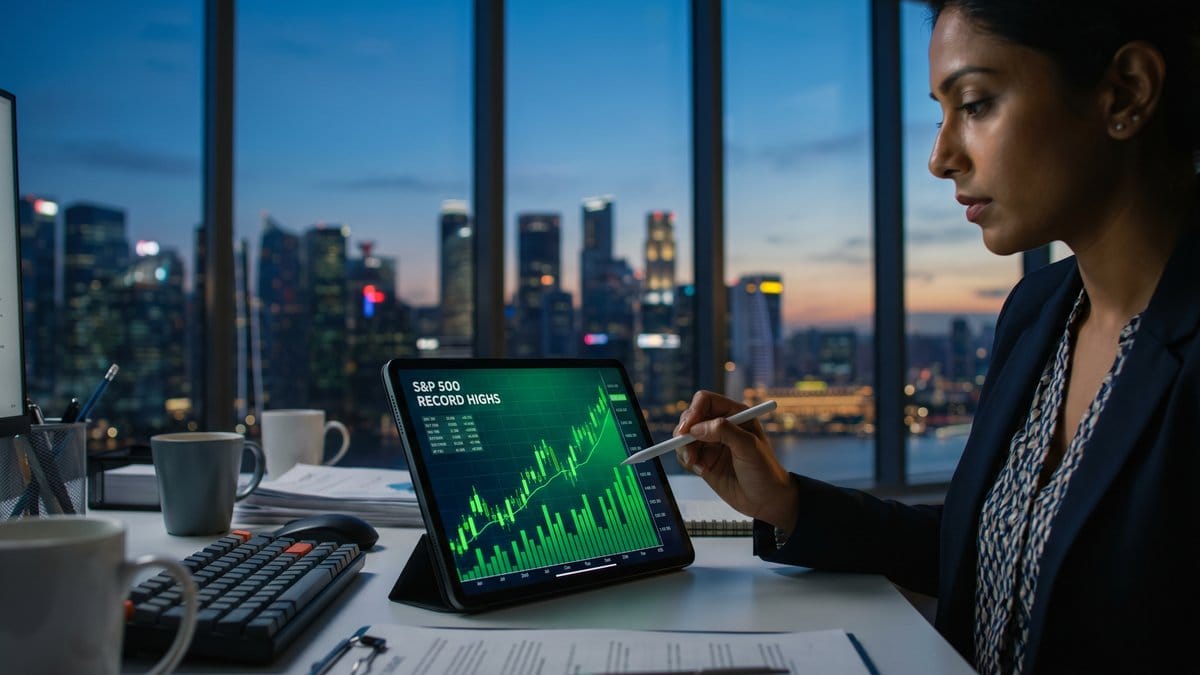 Financial analyst reviewing S&P 500 record high chart on tablet with city skyline background, daily market report May 1 2026