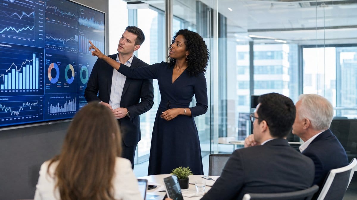 Financial analysts reviewing economic data and inflation charts in a modern conference room