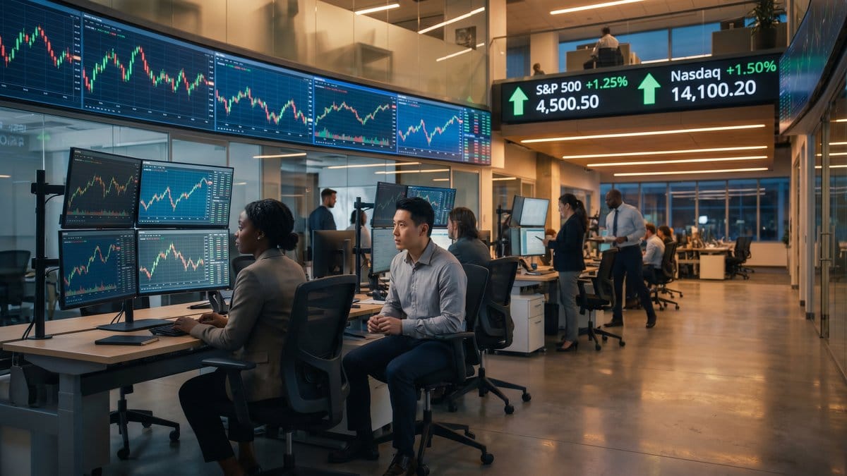 Professional traders monitoring stock market screens showing S&P 500 and Nasdaq record highs on May 1 2026