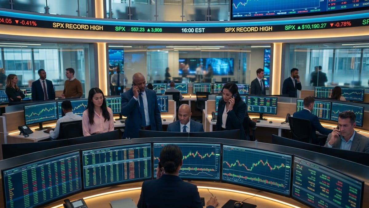 Stock market trading floor with diverse traders monitoring S&P 500 record highs on May 4, 2026