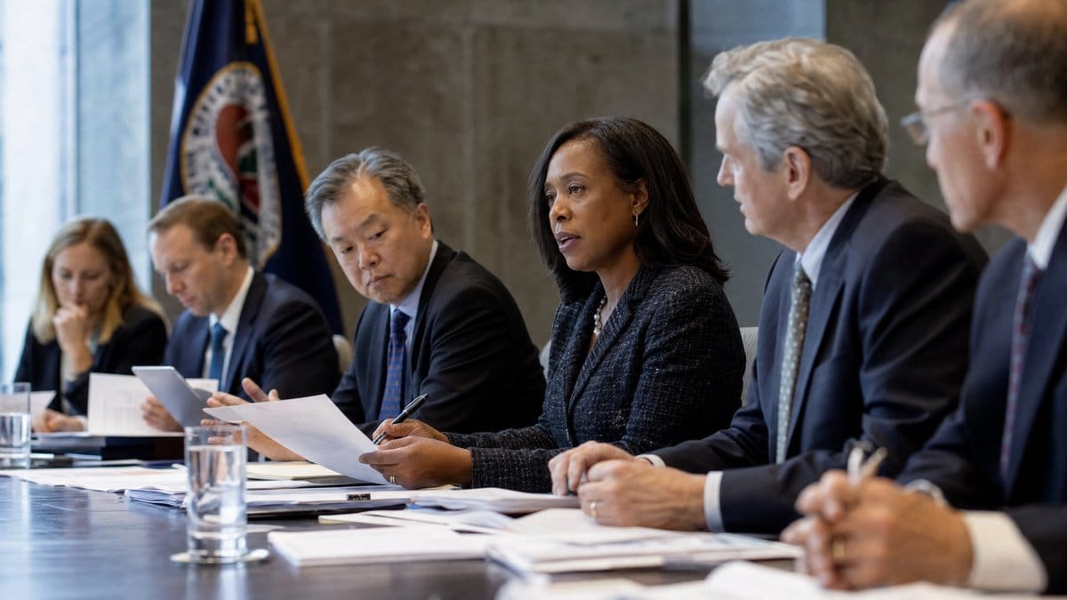 Diverse group of economists and policymakers seated at a conference table reviewing economic reports and data