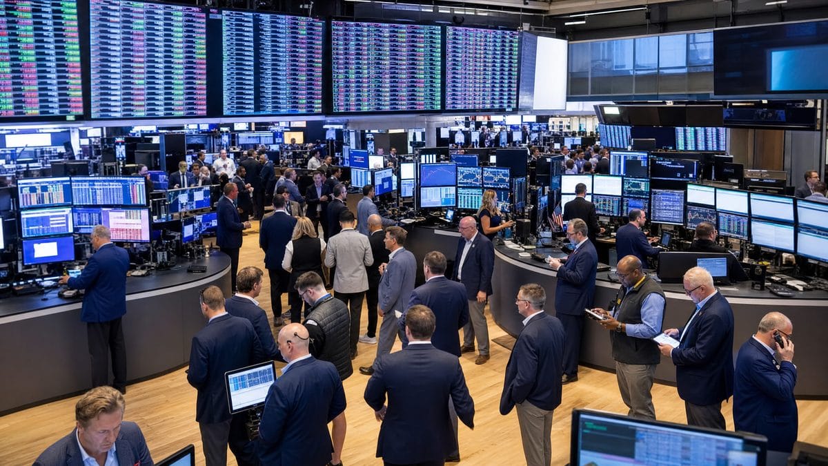Traders and brokers active on the NYSE trading floor surrounded by digital market data screens