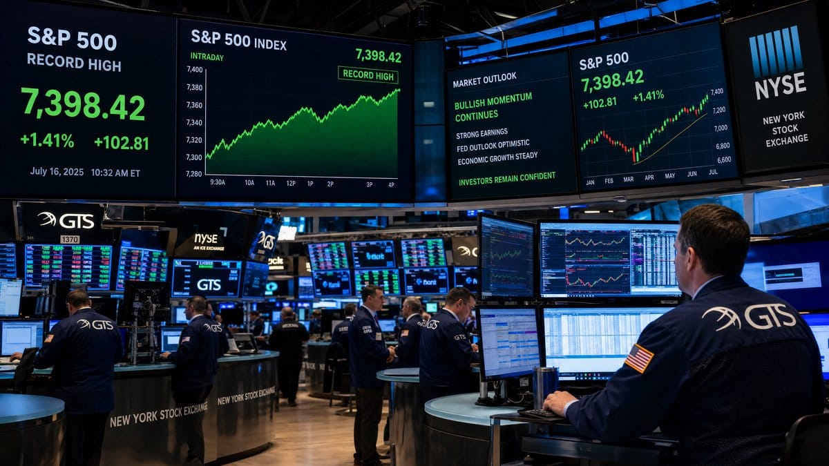 Stock market trading floor showing S&P 500 at record highs near 7,400 for the week of May 11, 2026