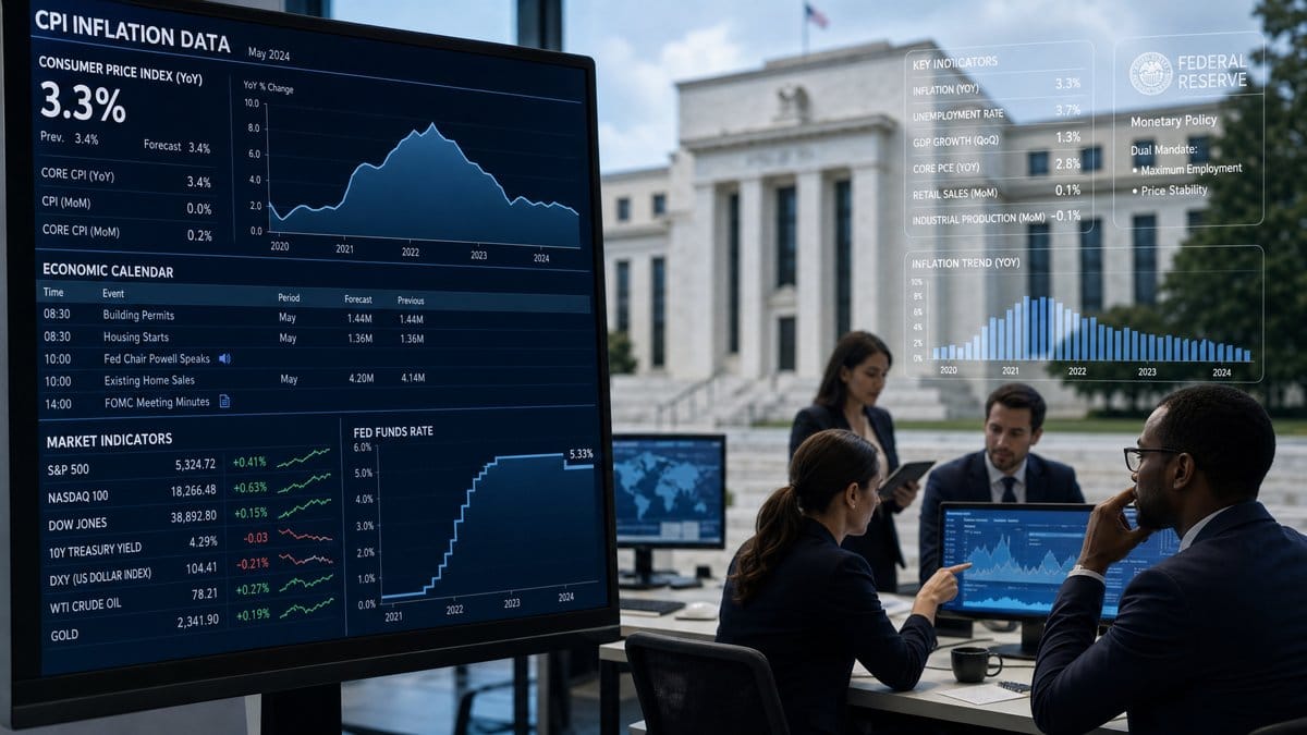 Economic calendar and CPI inflation data analysis with Federal Reserve building for the week of May 11, 2026