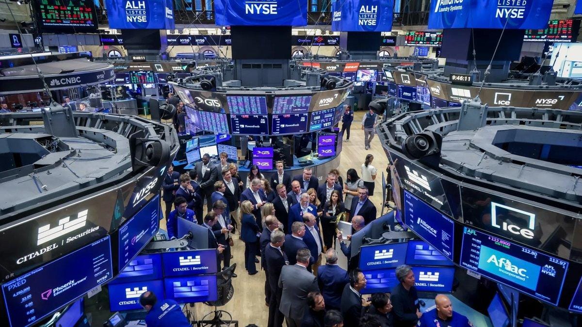 NYSE trading floor with traders and market data screens showing record highs on May 28, 2026