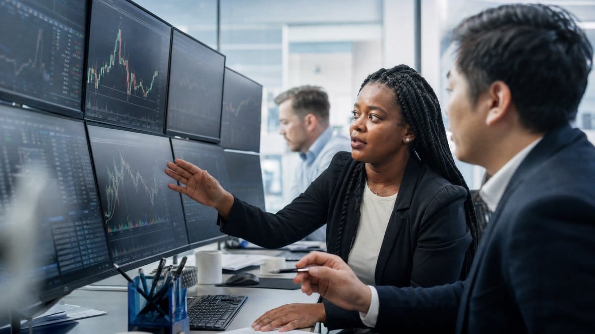 Financial analysts reviewing market data and charts on multiple screens, analyzing Nvidia earnings and Fed minutes impact on May 21, 2026
