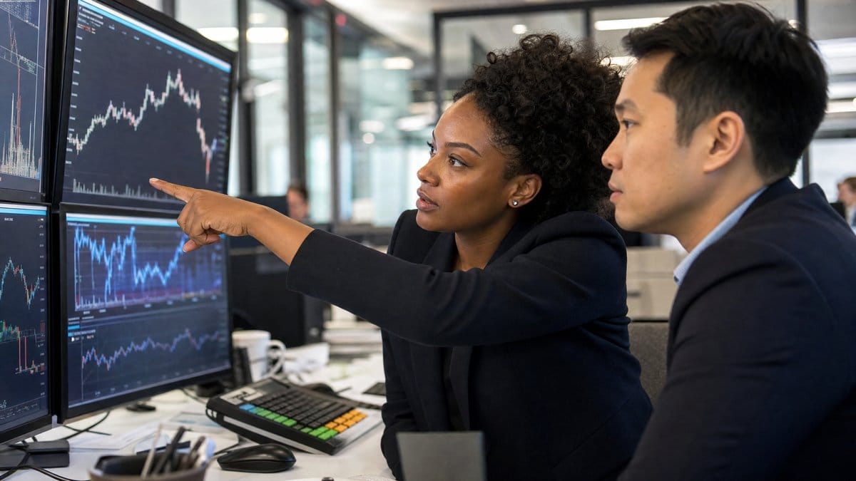 Financial analysts reviewing global market data and stock charts on multiple monitors in a professional trading environment
