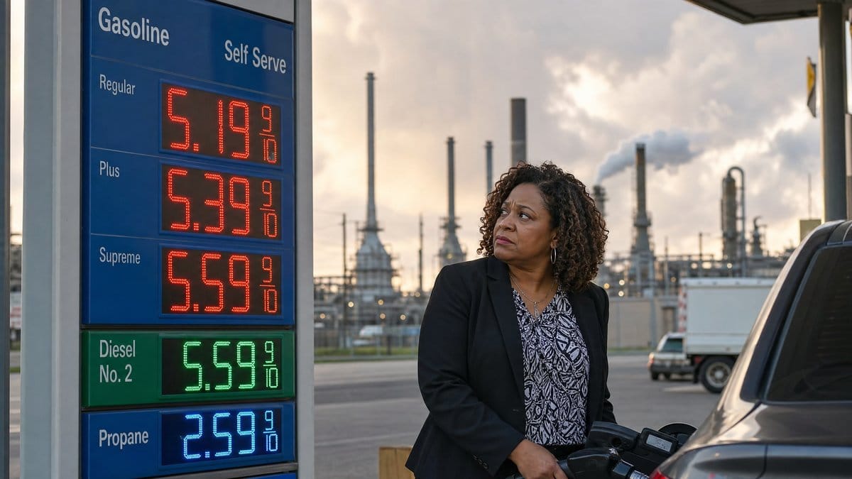 Consumer looking at high gas prices at the pump