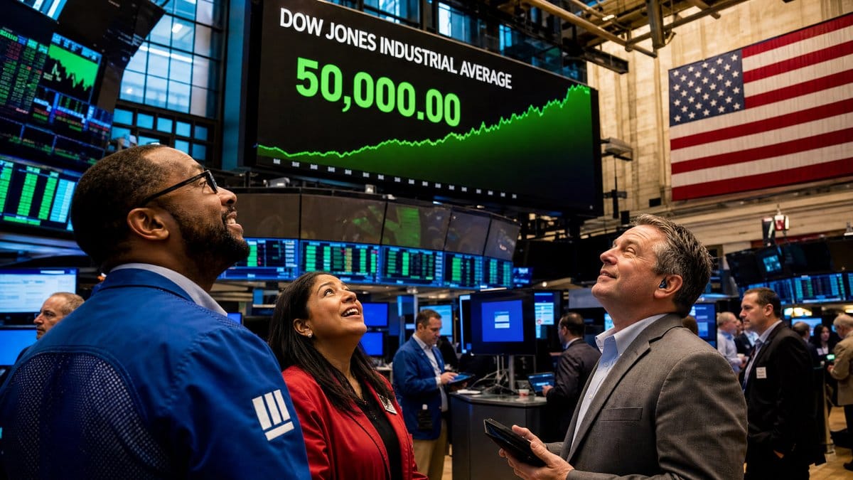 Traders on the floor of the New York Stock Exchange looking up at a large screen displaying the Dow Jones Industrial Average crossing 50,000