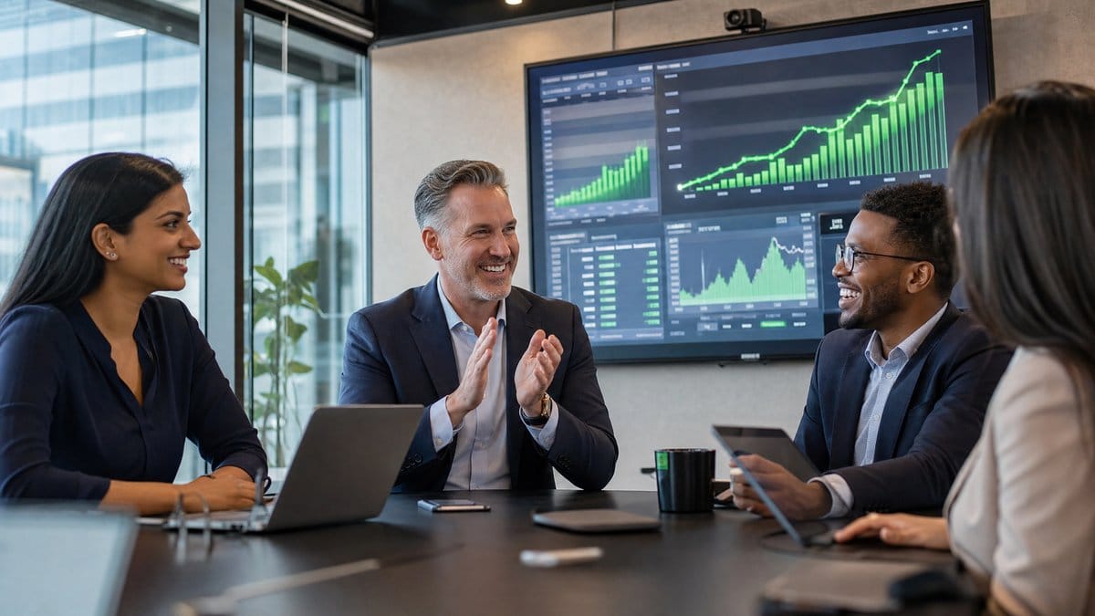 Corporate professionals reviewing strong quarterly earnings results on a large screen