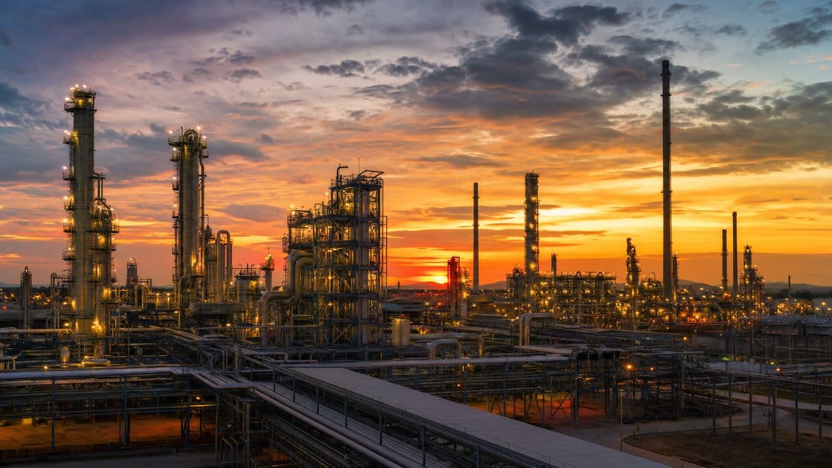 A large modern oil refinery illuminated at dusk against a dramatic sky