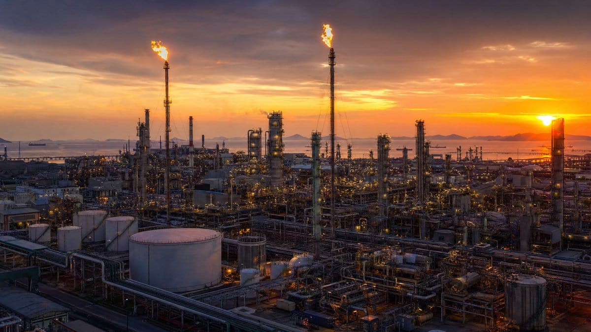 Aerial view of an oil refinery complex at sunset with flare stacks burning, representing the energy market impact on global financial markets