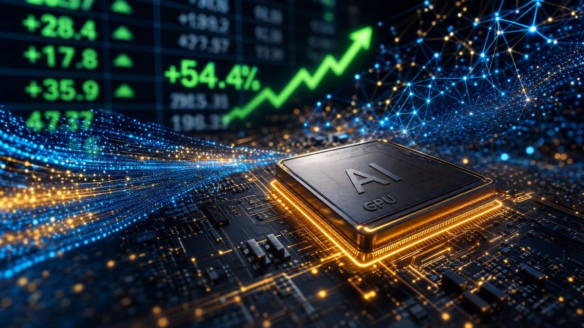 AI semiconductor chip with stock market data visualization