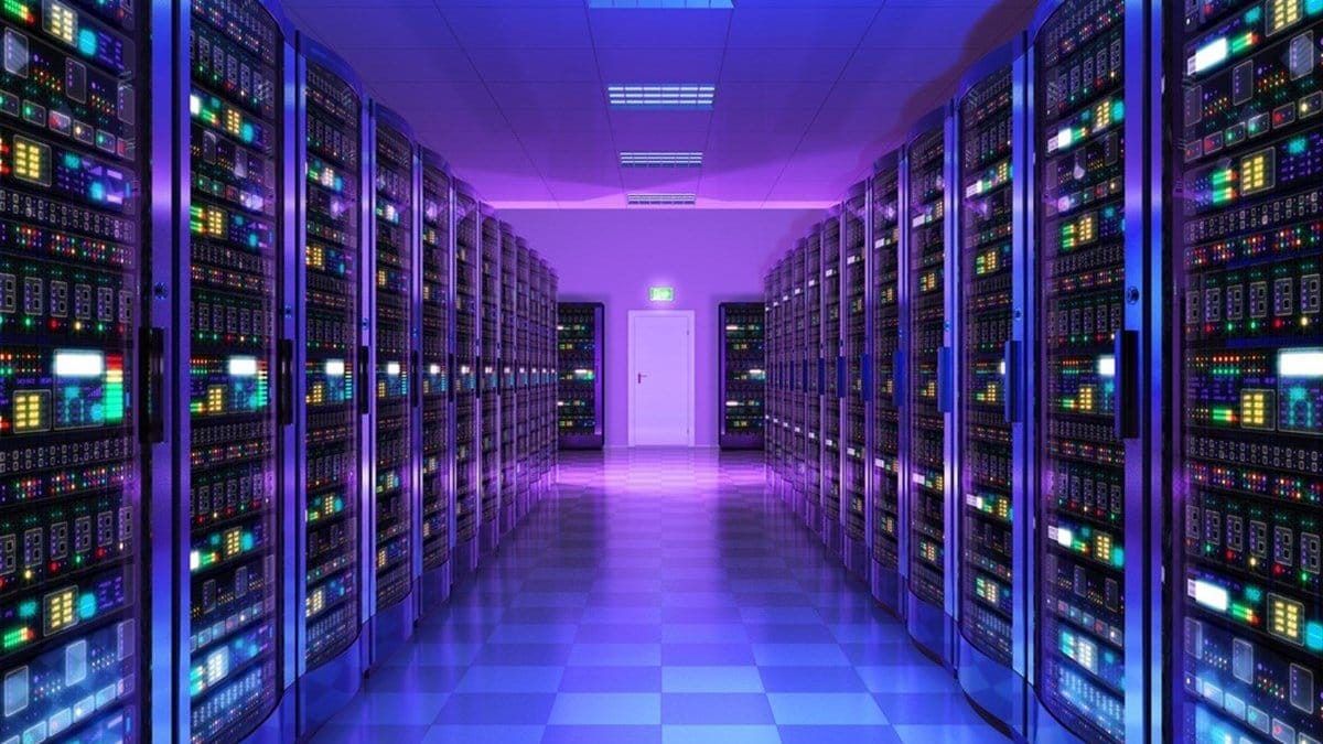 AI data center server room representing technology sector growth