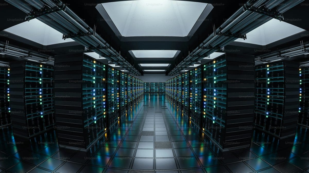 Modern AI data center server room with rows of illuminated server racks representing the massive infrastructure investment driving the tech sector