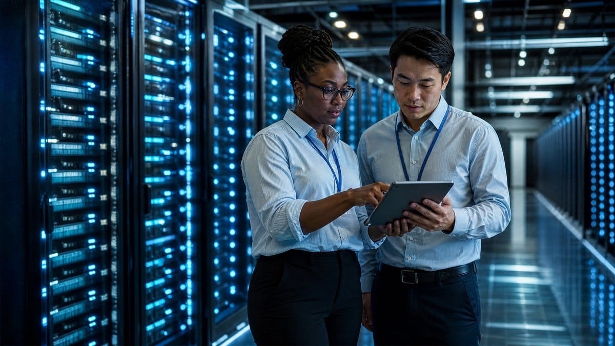 AI data center engineers reviewing server infrastructure