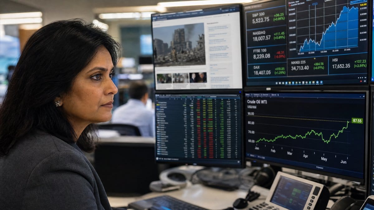 Financial analyst monitors global market indices and rising crude oil prices on multi-screen trading workstation amid geopolitical volatility