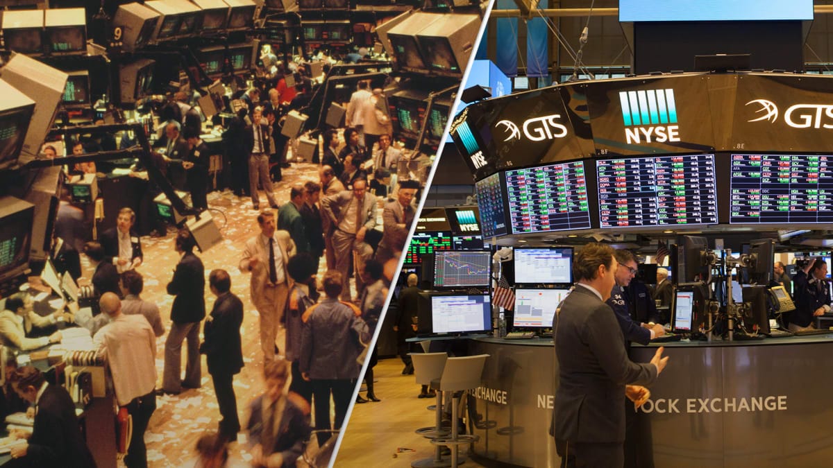 NYSE trading floor with traders monitoring market data on screens