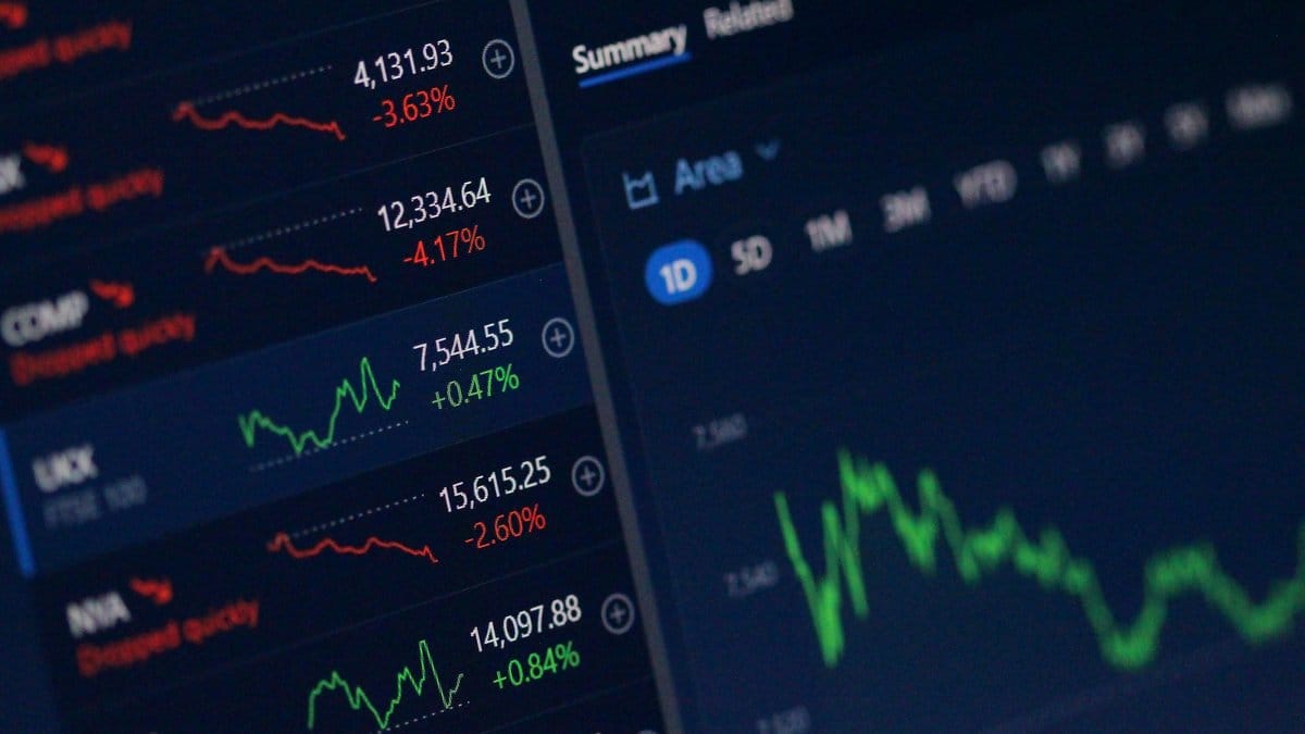 Financial market data screens showing global index performance and stock price movements