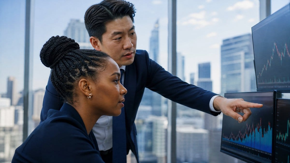 Diverse financial analysts reviewing stock market charts and economic data on monitors