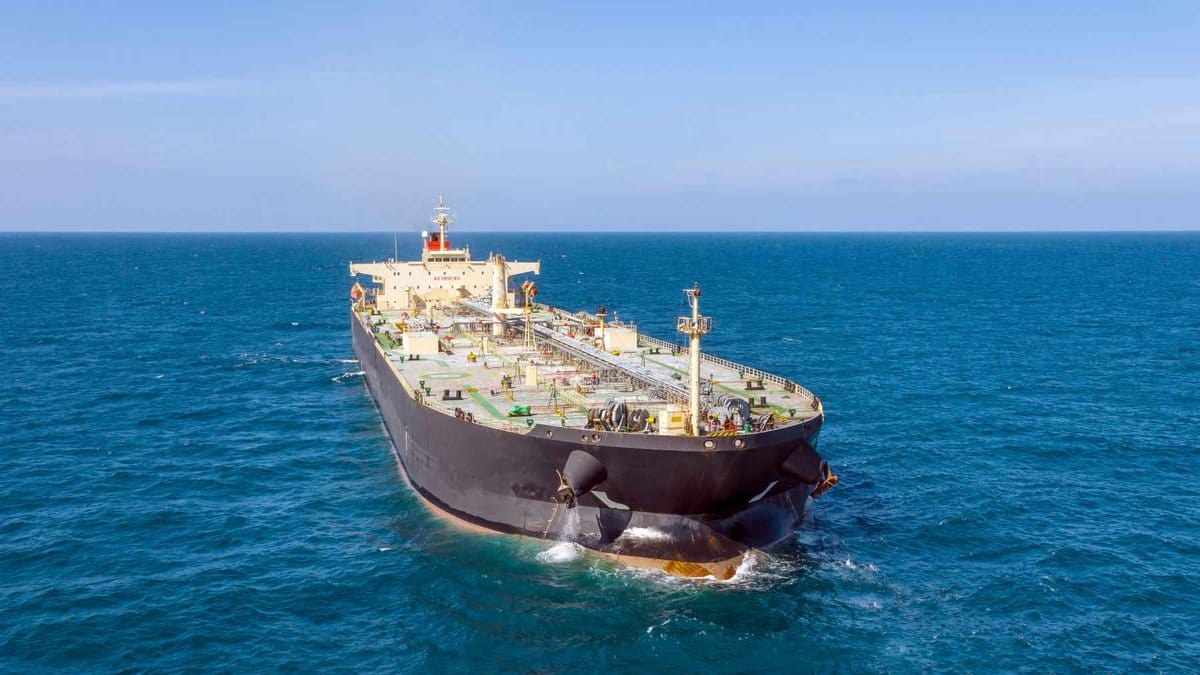An oil tanker navigates open waters as the Strait of Hormuz prepares to reopen following the US-Iran ceasefire agreement