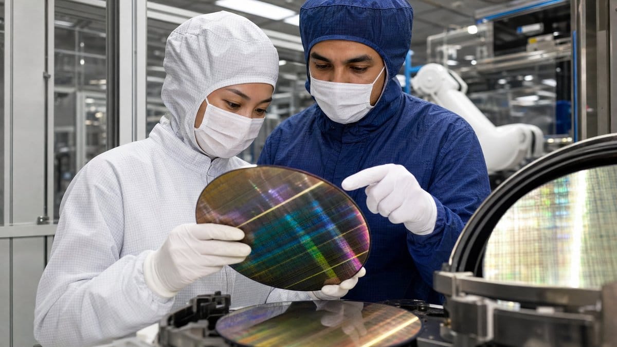Diverse team of engineers examining an advanced memory chip wafer in a modern semiconductor fabrication facility