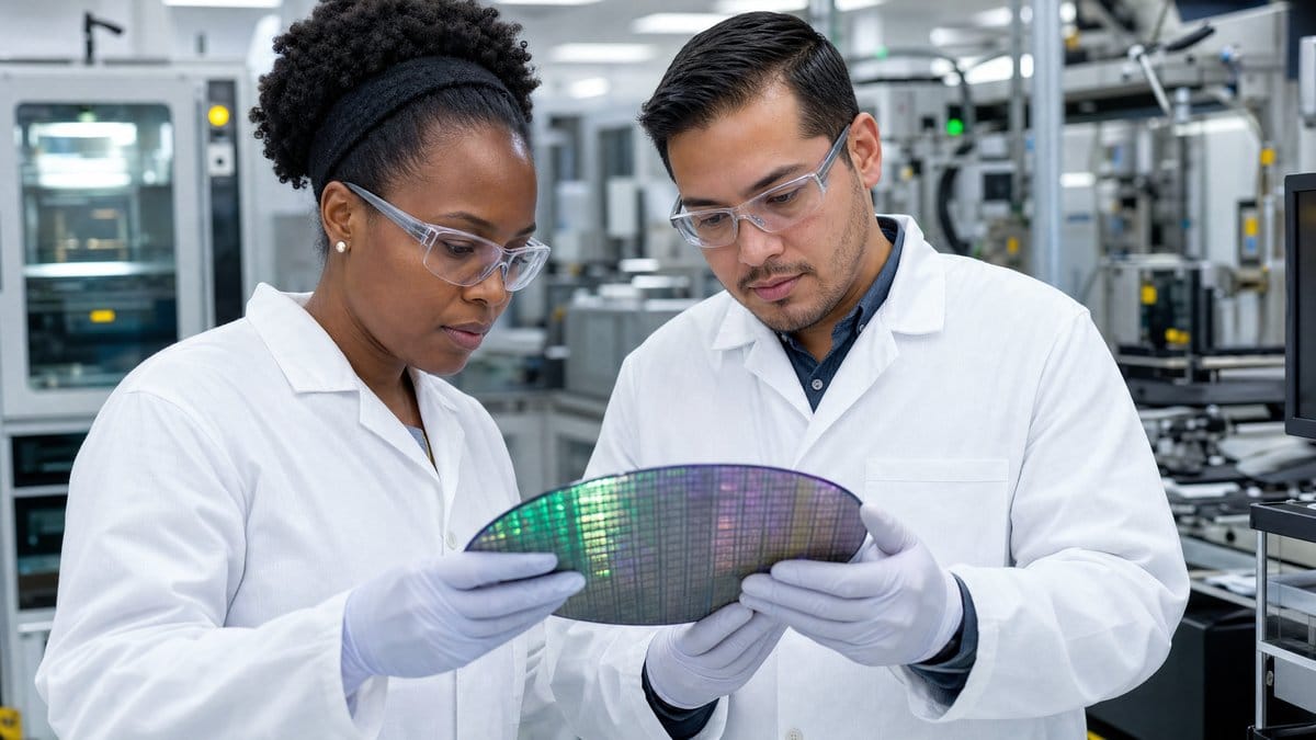 Semiconductor engineers examine silicon wafer in advanced chip fabrication lab