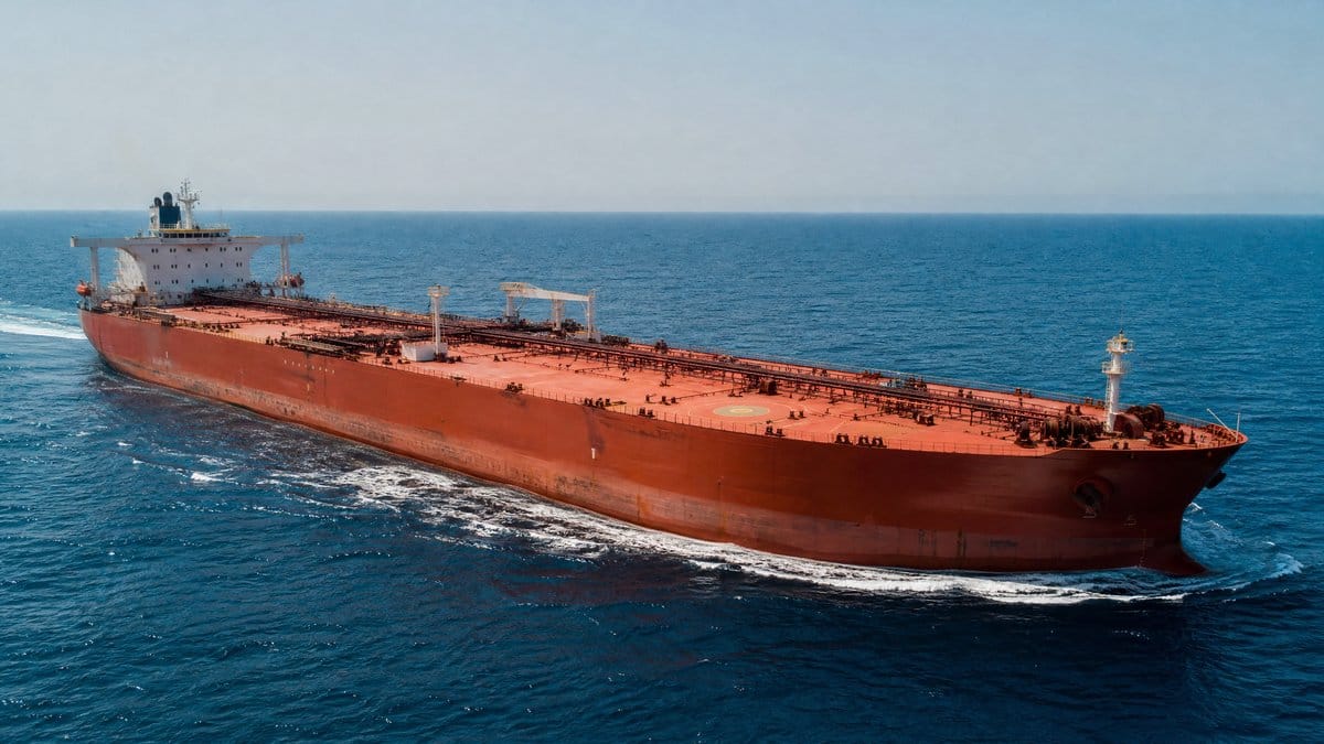 Large crude oil tanker sailing through open sea as US-Iran peace deal promises to reopen the Strait of Hormuz and ease global energy supply constraints
