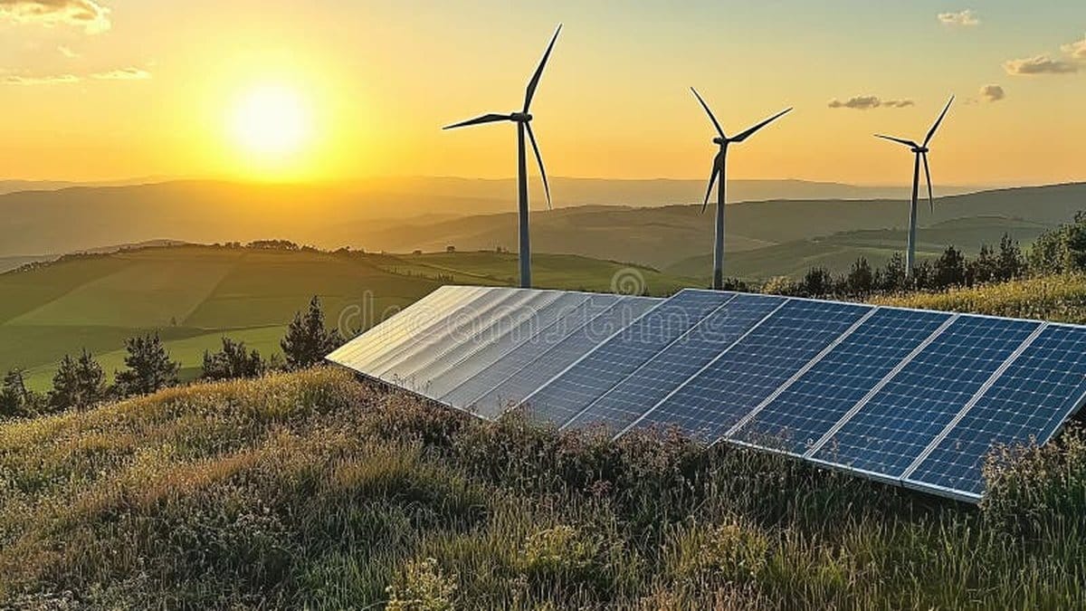 Solar panels and wind turbines representing the global renewable energy transition in 2026