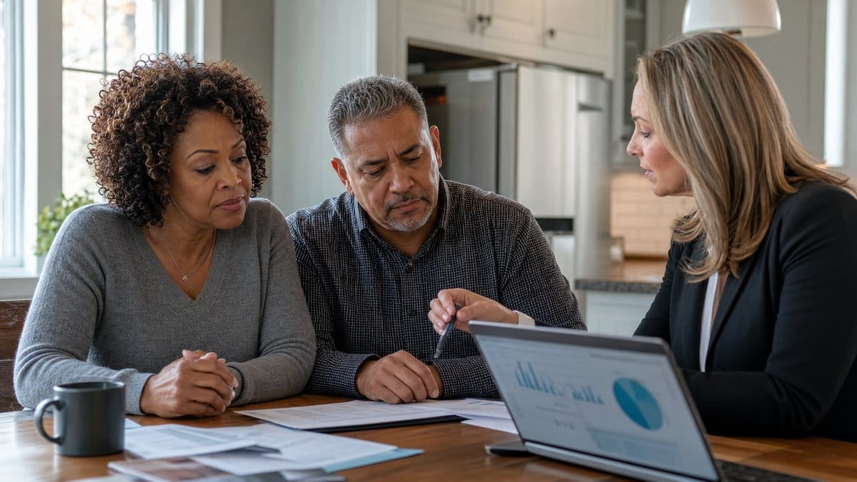A diverse couple in their late 50s reviewing retirement portfolio documents with a financial advisor, discussing the implications of rising interest rates.