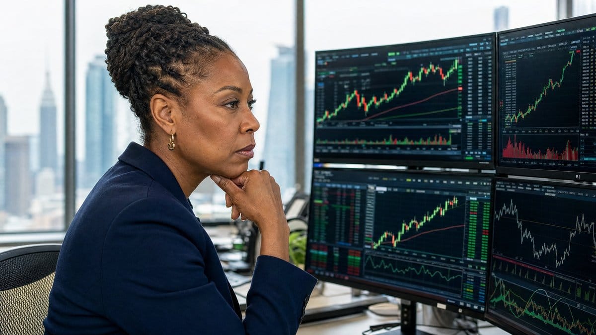 Financial analyst reviewing stock market data and charts on multiple monitors in a modern trading office