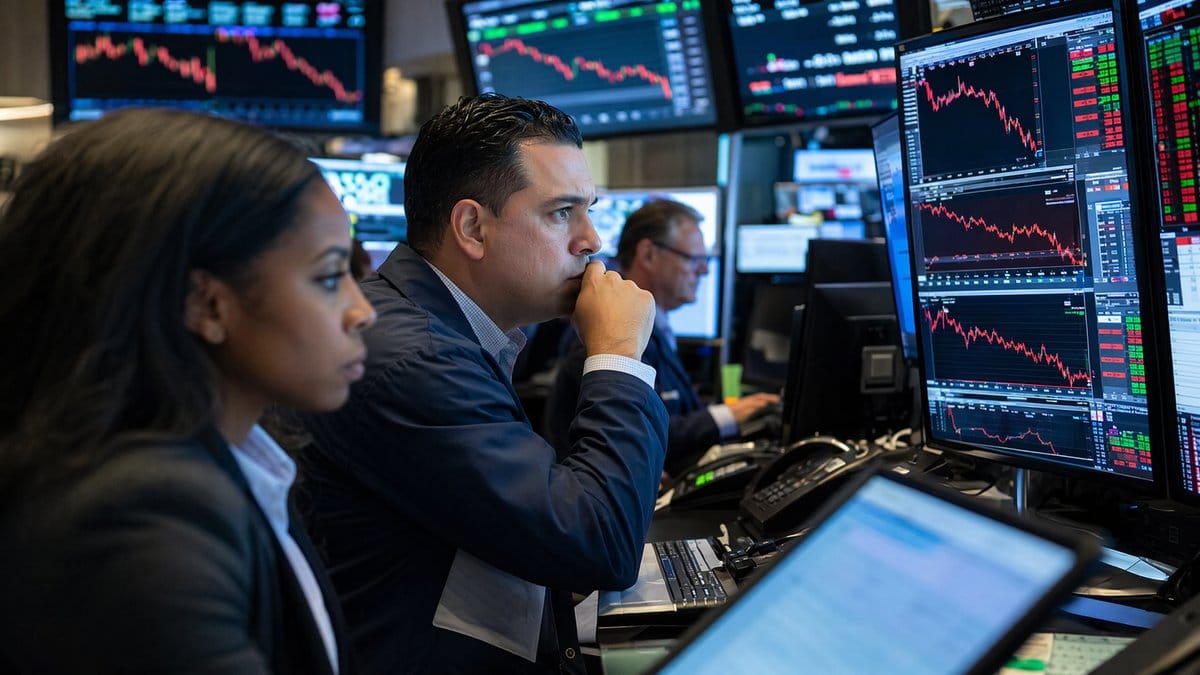 Financial traders monitoring market data screens showing oil price declines and mixed equity performance