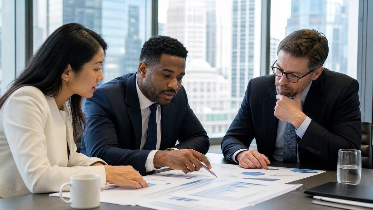 Financial analysts reviewing market data and charts in a modern conference room with city skyline