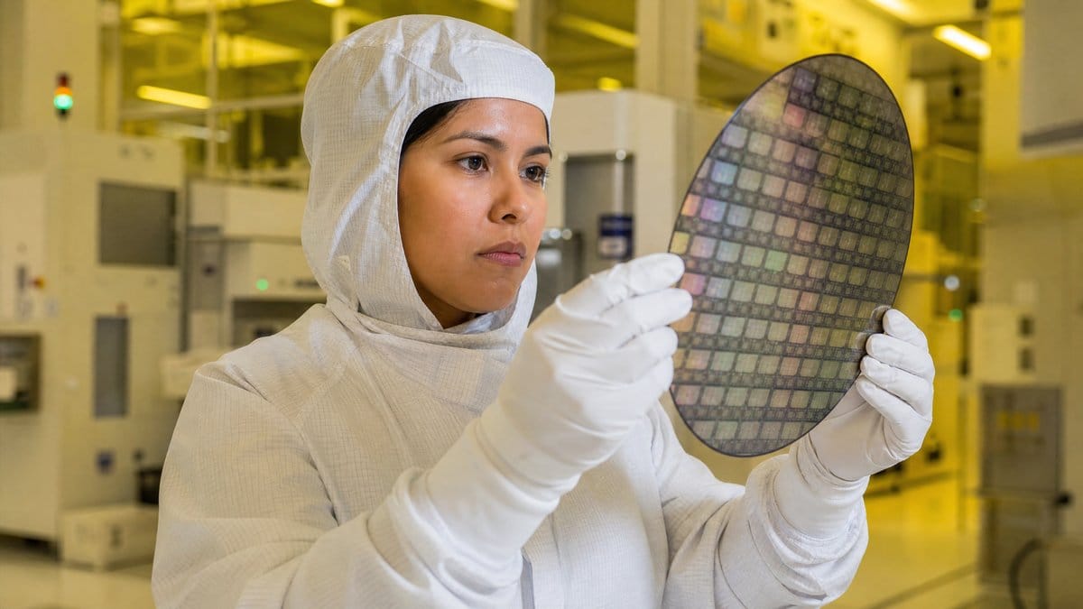 Semiconductor engineer inspecting silicon wafer in a cleanroom fabrication facility
