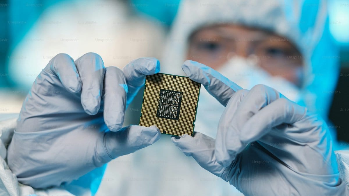 Gloved technician holding an advanced semiconductor chip, highlighting AI technology demand