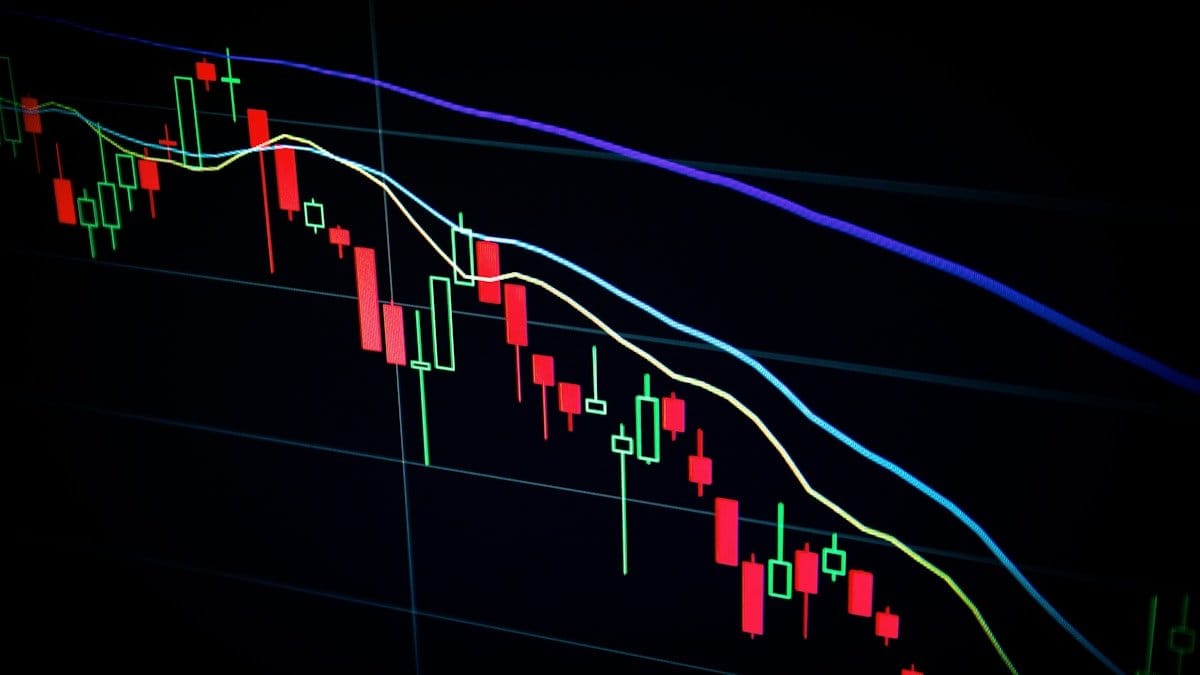 Bitcoin price chart showing candlestick patterns and moving averages on a digital trading screen