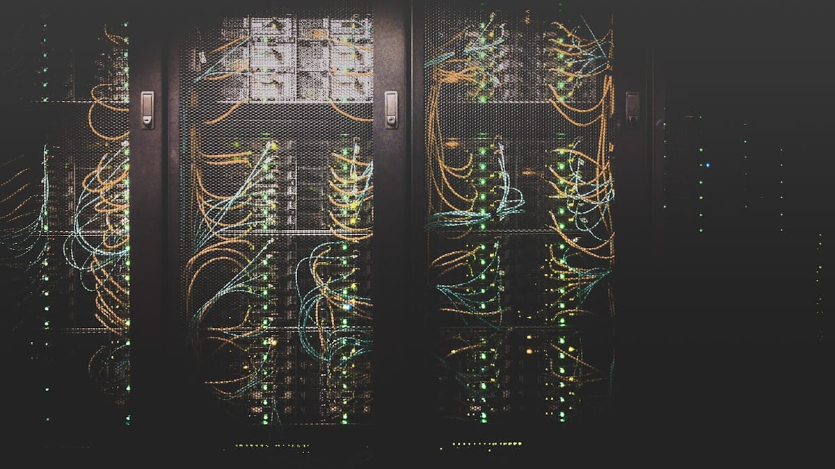 Blockchain data center infrastructure with server racks and network cables representing digital asset technology