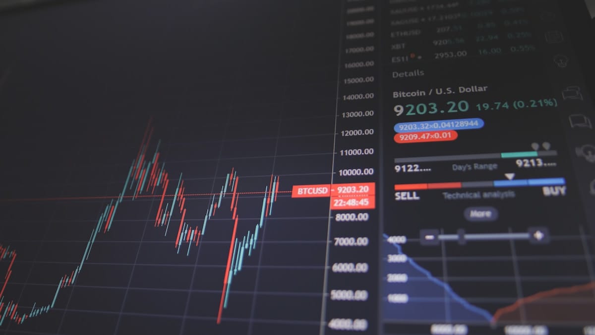 Bitcoin and cryptocurrency trading chart on digital screen showing market price action