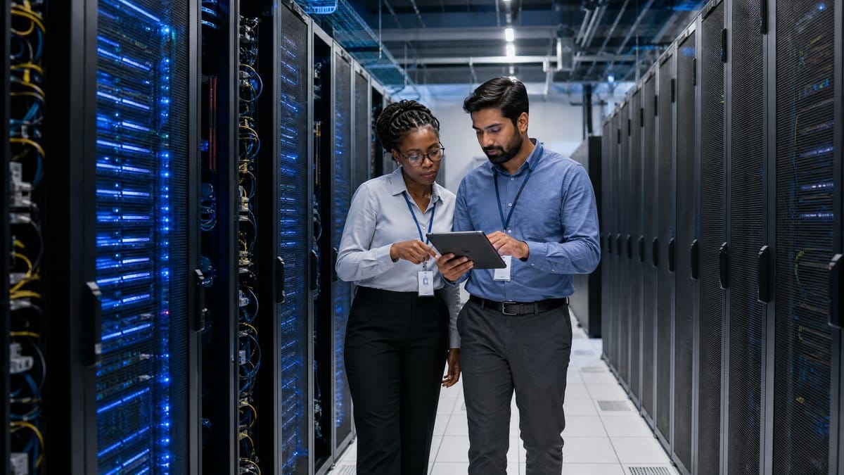 Engineers reviewing AI data center infrastructure in a modern server facility