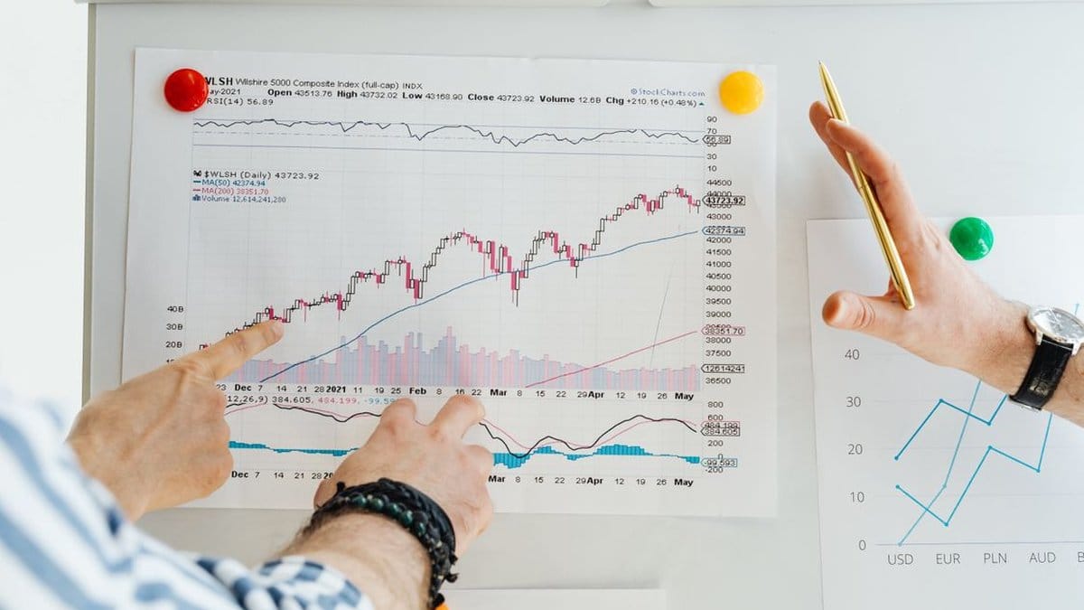 Financial analysts reviewing stock market charts and economic data indicators