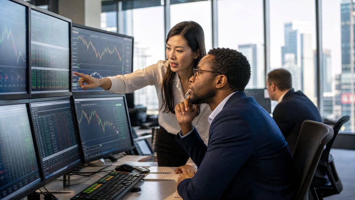 Photorealistic editorial photograph of a diverse group of professional financial analysts reviewing stock market charts